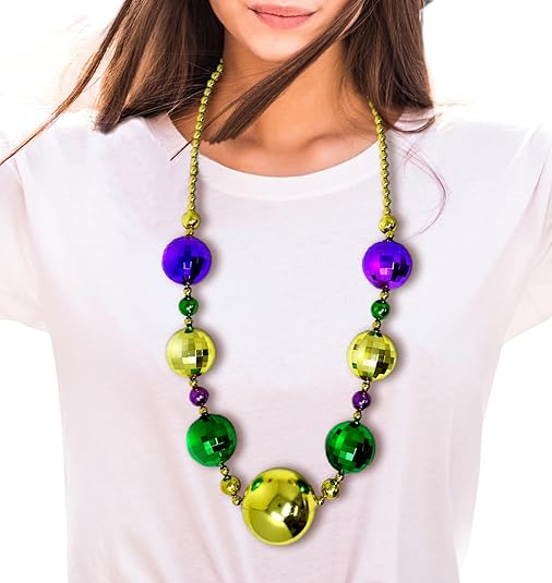 45E's Novelty 2 Pack Jumbo Mardi Gras Beads Necklace – 44" Giant Disco Ball Beads, Festive Colors for Party and Parade