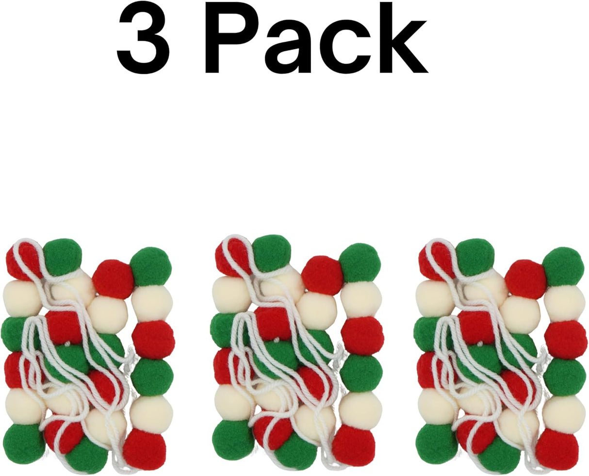 4E's Novelty 3 Pack Christmas Pom Poms Garland, 7ft Each, Red, White, Green Felt Ball Garland for Christmas Tree & Décor