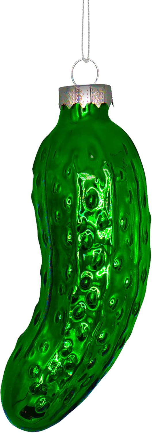 4E's Novelty Blown Glass Pickle Ornament - Christmas Pickle Decoration, 4’’ Pickle Ornaments for Christmas Tree & Pickle Ornament in Metallic Green