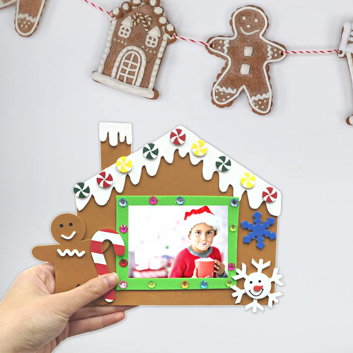 4E's Novelty Foam Gingerbread House Picture Frame Craft (12 Pack) – DIY Self Adhesive Christmas Photo Magnet Craft Kits for Kids Ages 3+ Bulk