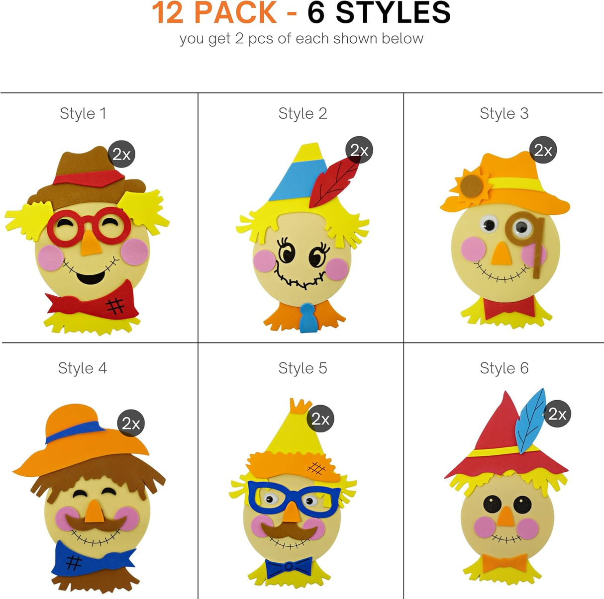 4E's Novelty 12 Pack Scarecrow Crafts for Kids - Fun Fall Crafts for Kids Bulk with Self Adhesive Scarecrow Face Stickers for Crafts