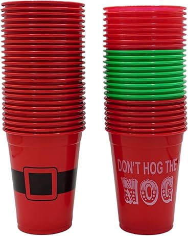 4E's Novelty 16 oz Christmas Cups for Party - 50 Pack Christmas Party Disposable Plastic Cups with Santa & Humorous Quotes Bulk & Holiday Cups