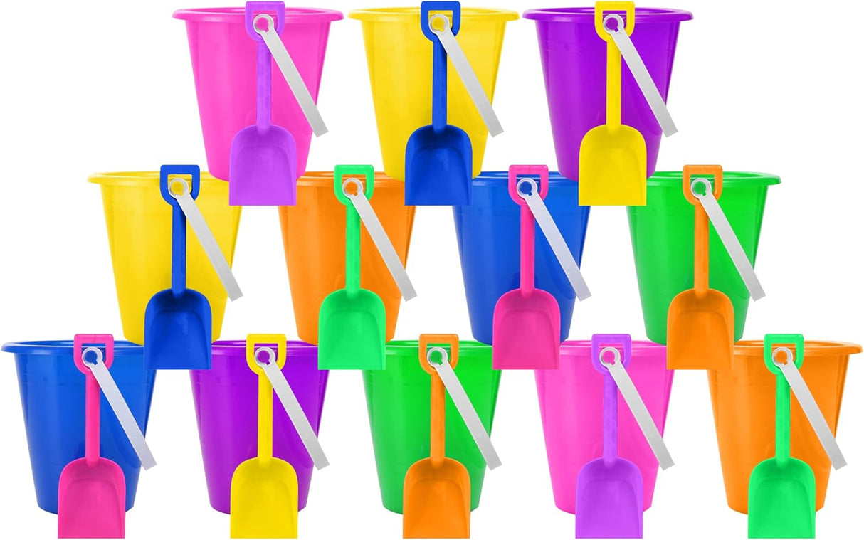 4E's 12 Pack Beach Buckets with Shovels – Durable Sand Buckets for Kids, Perfect for Outdoor Play