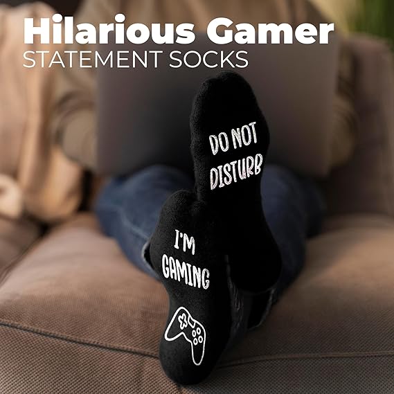 4E's Novelty Socks with the phrase ‘Do Not Disturb I’m Gaming