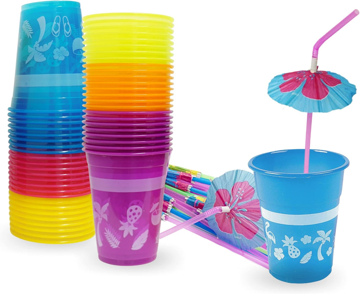 4E's Novelty 48-Pack Tropical Party Cups with Parasol Straws – Vibrant Hawaiian Luau Drinkware Set
