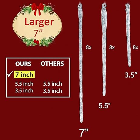 4E's Novelty Large Glass Icicle Ornaments for Christmas Tree 7", 5.5", 3.5" (Set of 24) - Clear Glass Christmas Tree Ornaments for Christmas Decor