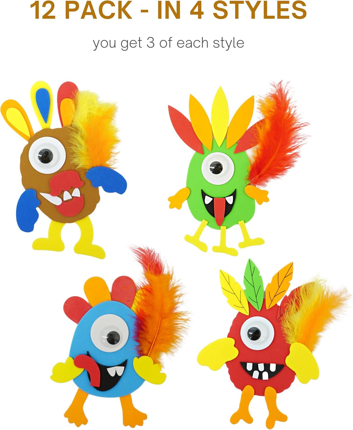 4E's Novelty 12-Pack Monster Turkey Crafts for Kids – Fun Thanksgiving Activity Kit for Ages 4-12