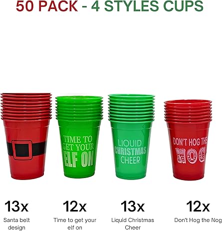 4E's Novelty 16 oz Christmas Cups for Party - 50 Pack Christmas Party Disposable Plastic Cups with Santa & Humorous Quotes Bulk & Holiday Cups
