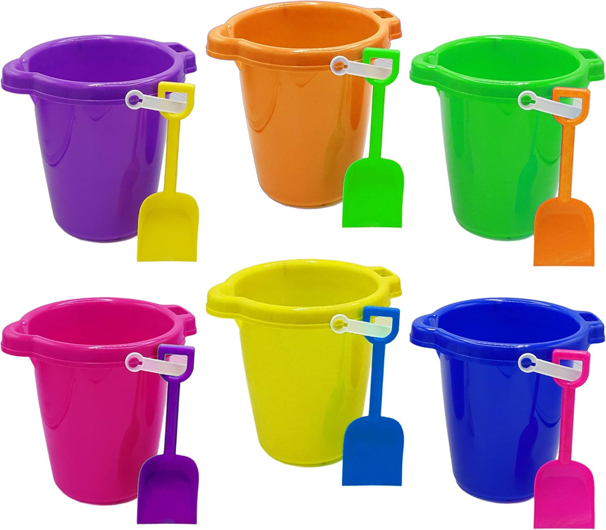 4E's Novelty 6 Pack Beach Buckets with Shovels – 7.5" Sand Pails & Shovels for Kids' Outdoor Play