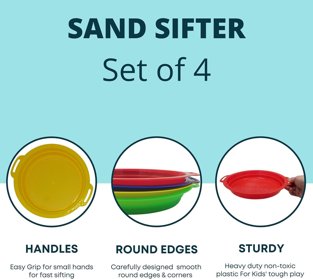 4E's Novelty 4 Pack Sand Sifter – 8.75" Sandbox Toys for Kids, Durable Beach Rock Strainers