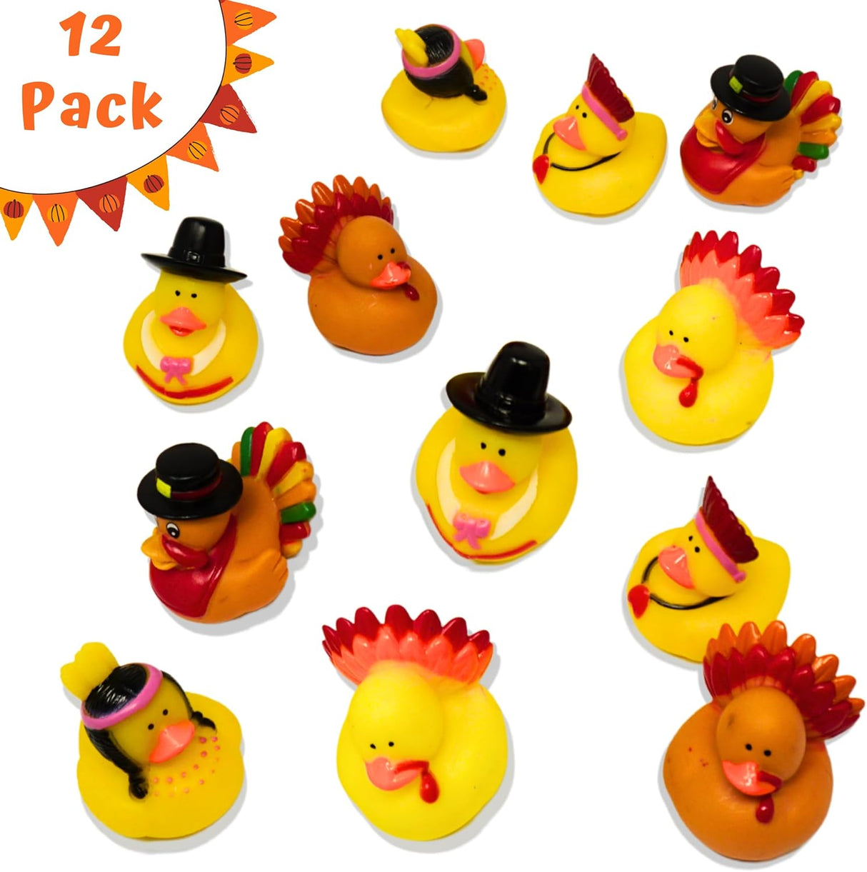 4E's Novelty Thanksgiving Rubber Duckies in Bulk (12 Pack) – Turkey & Pilgrim Thanksgiving Rubber Ducks, Holiday Rubber Ducks for Kids Party Favors