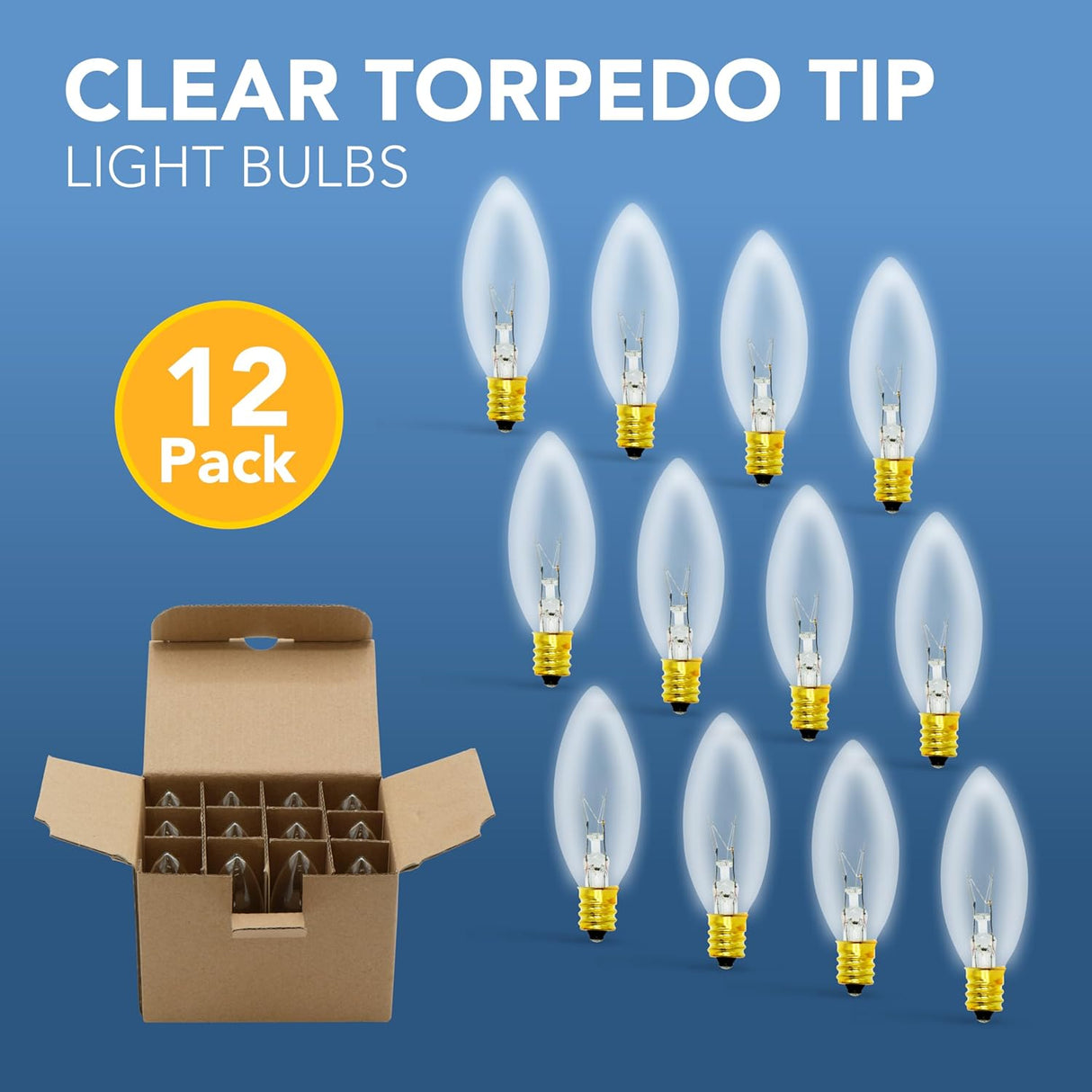 4E's Novelty 12 Pack Replacement Light Bulbs E12 120V 7W - Clear Torpedo Tip for C7 & Candelabra Light Bulbs