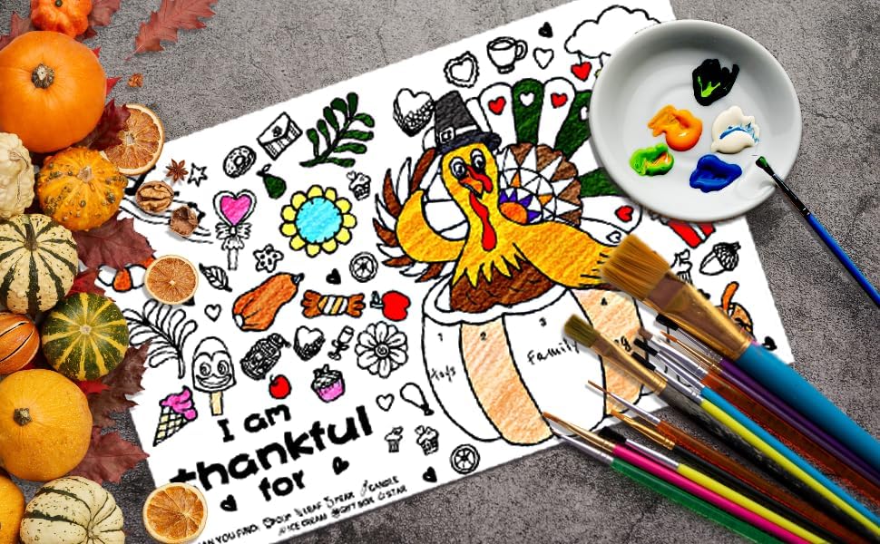 4E's Novelty 12 Pack Thanksgiving Placemat Activity for Kids & Adults - Perfect Disposable Paper Placemats 11x17, Fall Turkey Table Decor & Crafts