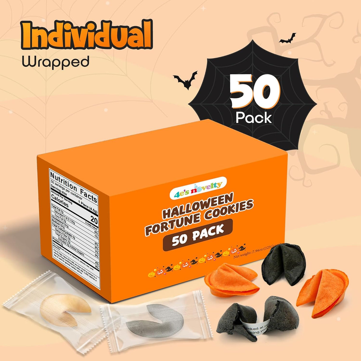 4E's Novelty Halloween Fortune Cookies Bulk - 50 Individually Wrapped Vanilla Cookie