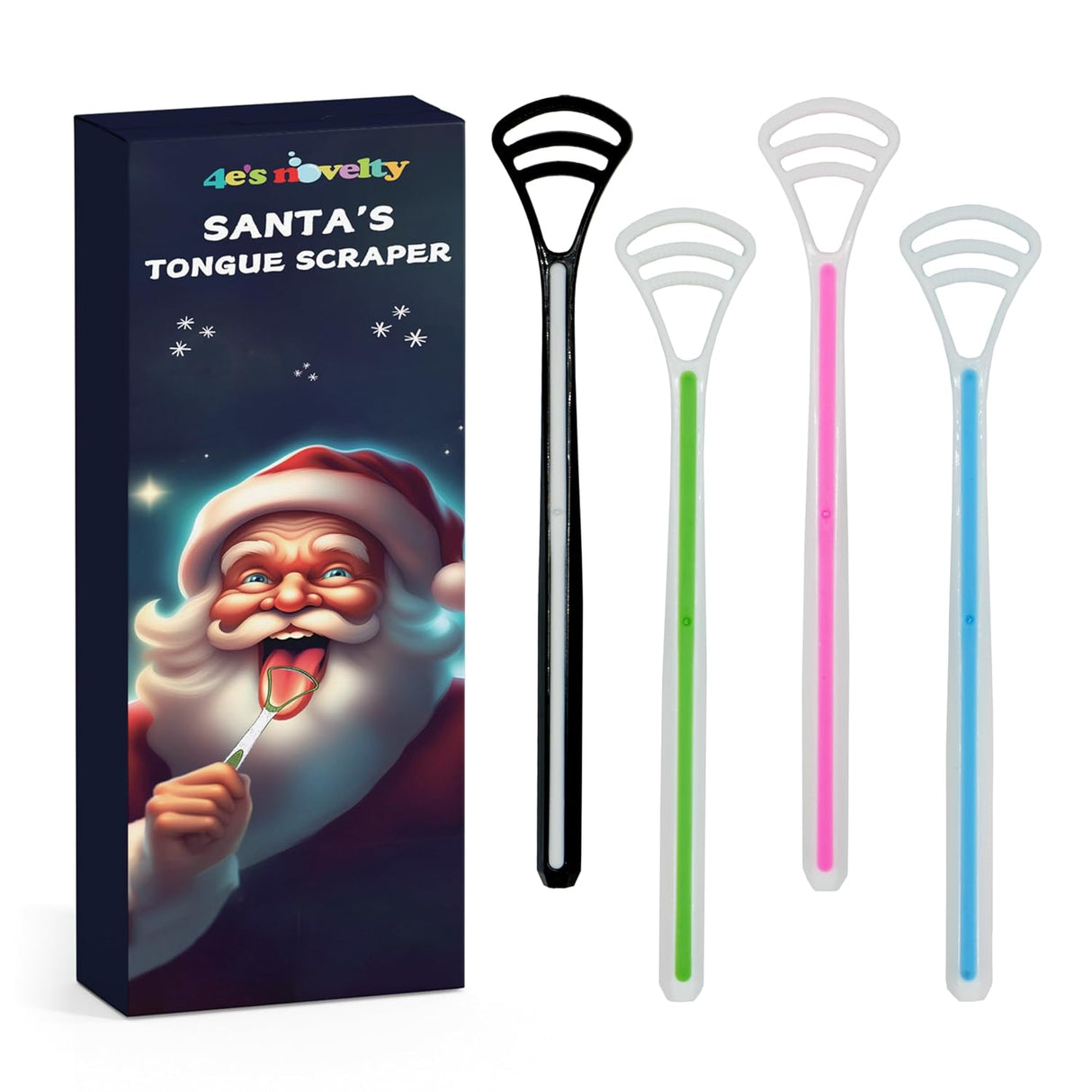 4E's Novelty Santa Tongue Scraper 4-Pack – Festive Oral Hygiene Gag Gift for All Ages