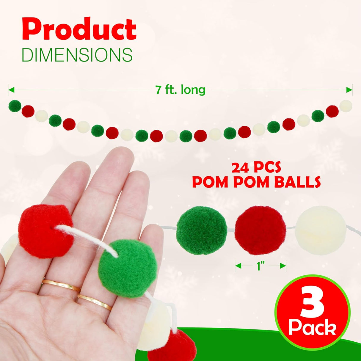 4E's Novelty 3 Pack Christmas Pom Poms Garland, 7ft Each, Red, White, Green Felt Ball Garland for Christmas Tree & Décor