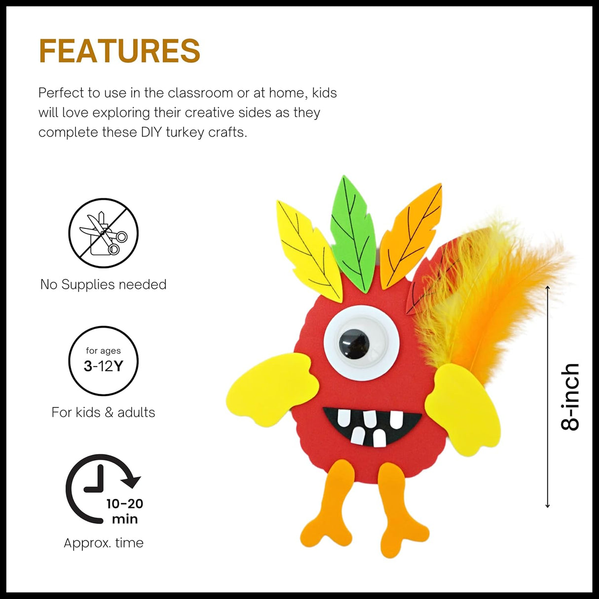 4E's Novelty 12-Pack Monster Turkey Crafts for Kids – Fun Thanksgiving Activity Kit for Ages 4-12