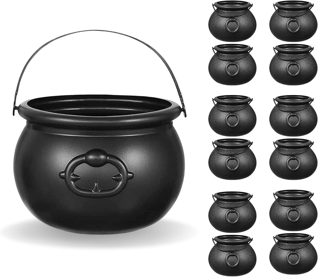 4E's Novelty Black Plastic Cauldrons Bulk - 12 Mini & 1 Large 7.4" Perfect Halloween Black Cauldron