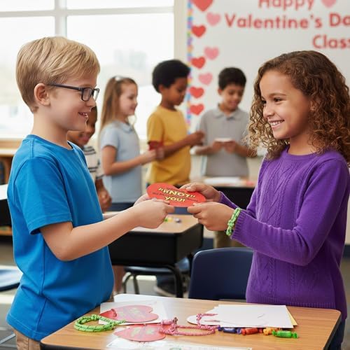4E's Novelty 48-Pack Friendship Bracelets with Valentine Cards – Classroom Party Favors for Kids
