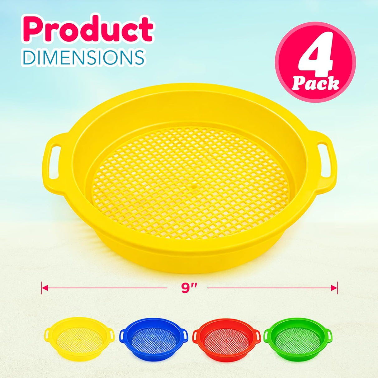 4E's Novelty 4 Pack Sand Sifter – 8.75" Sandbox Toys for Kids, Durable Beach Rock Strainers