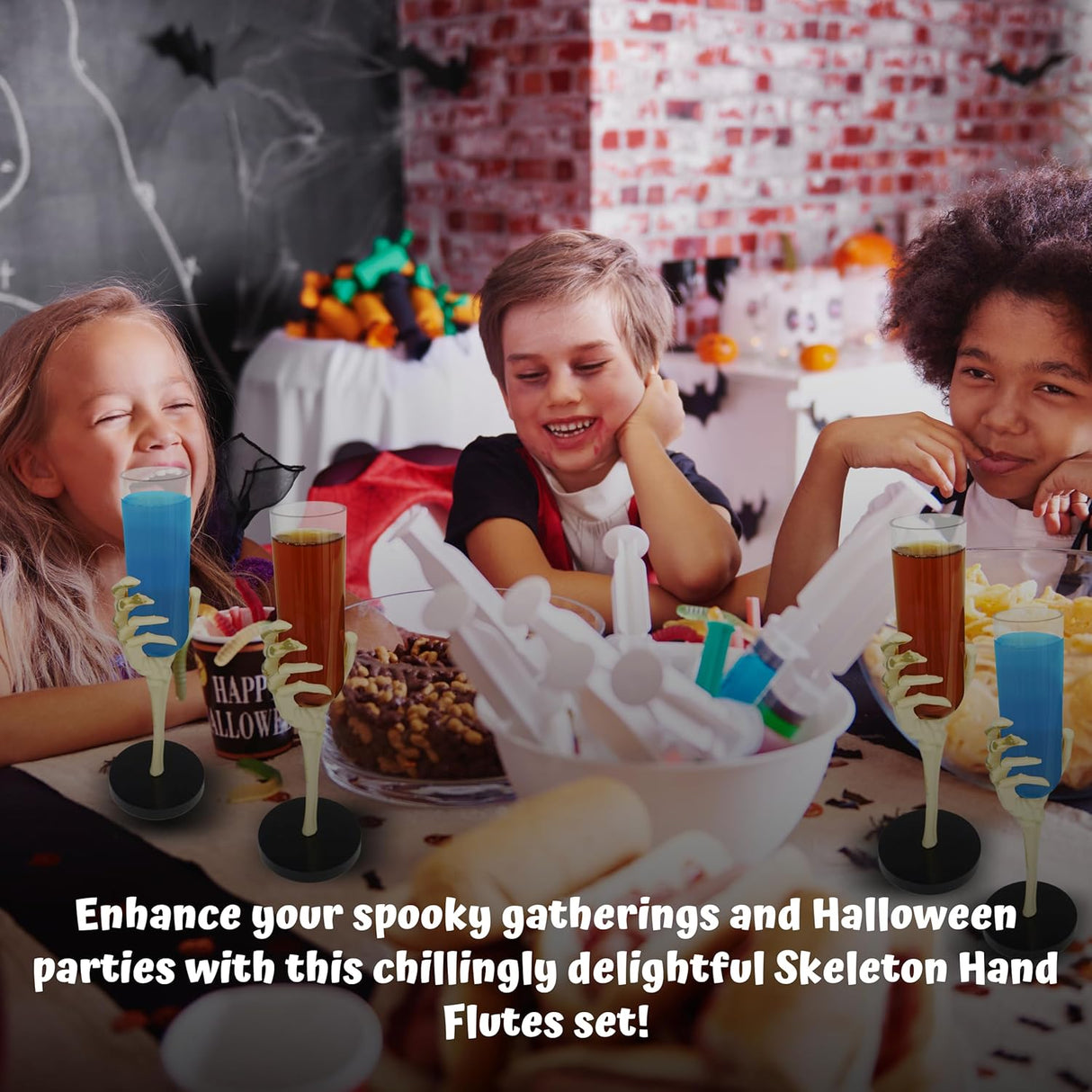 4E's Novelty Skeleton Hand Flutes 12 Pack - Clear Plastic Halloween Champagne Cocktail Goblets (2.7oz) - Halloween Wine Glasses for Spooky Parties