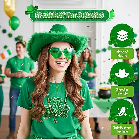 4E’s Novelty Green Cowboy Hat with Feathers & Heart-Shaped Sunglasses - Perfect Cowboy Outfit Accessory, Cowboy Hat for Party Costume Dress Up