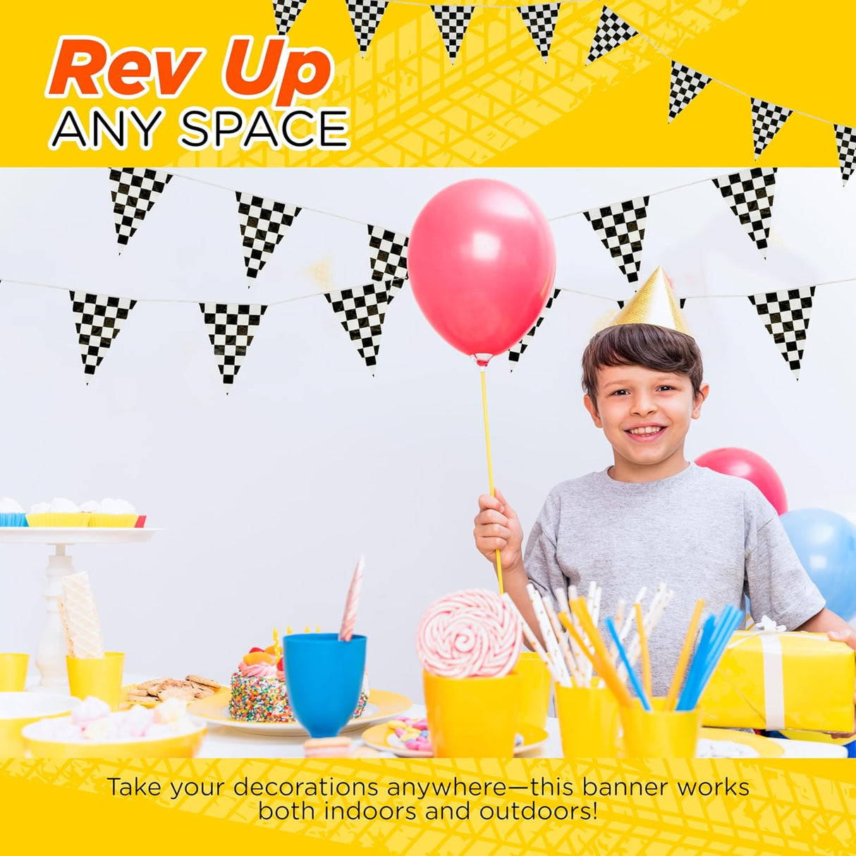 4E’s Novelty 100 Ft Checkered Flag Banner Racing Party Decorations with 48 Large Pennants for Birthdays
