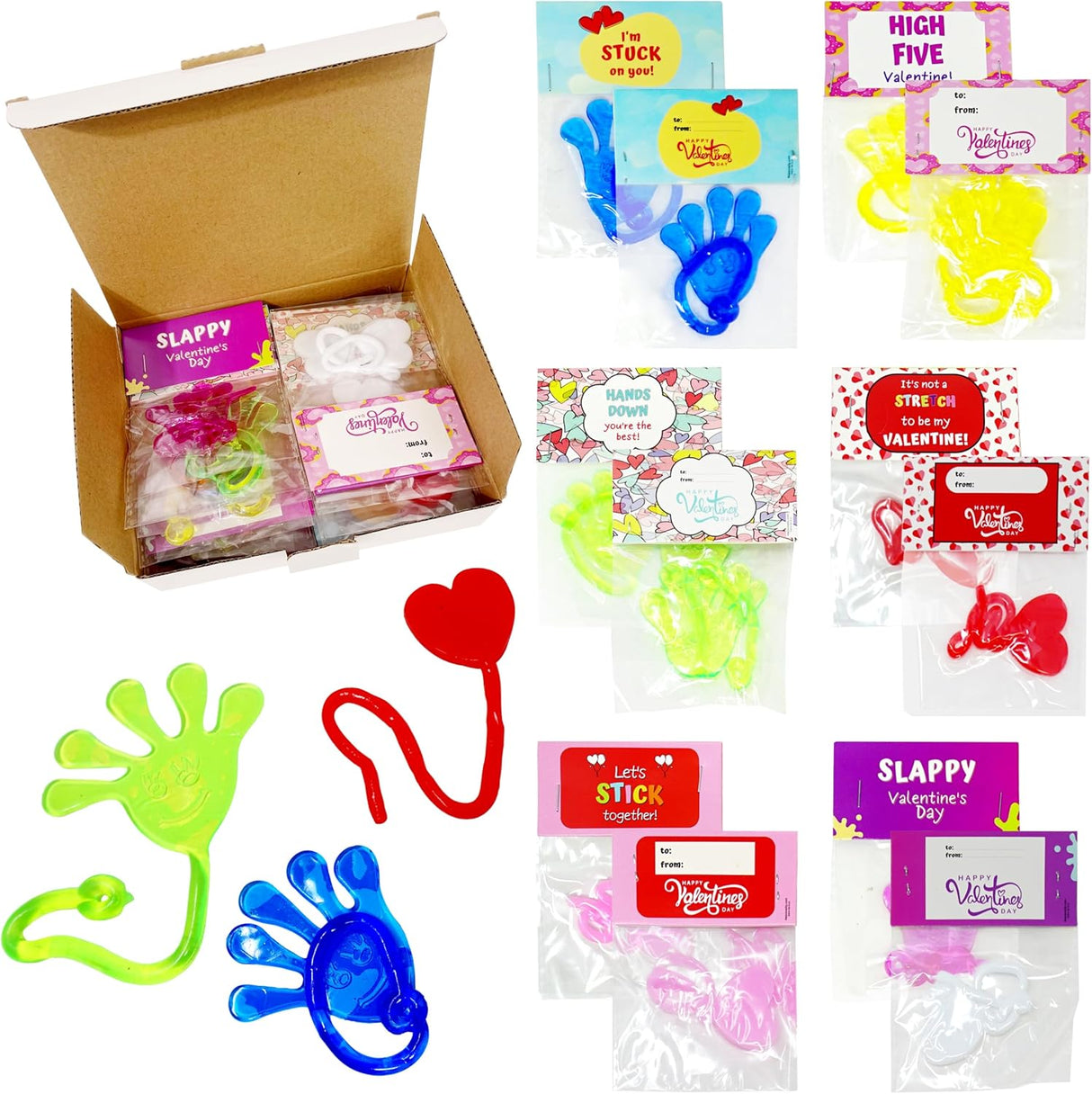 4E's Novelty 32-Pack Slappy Hands with Valentine Cards – Stretchy Toys for Classroom Fun