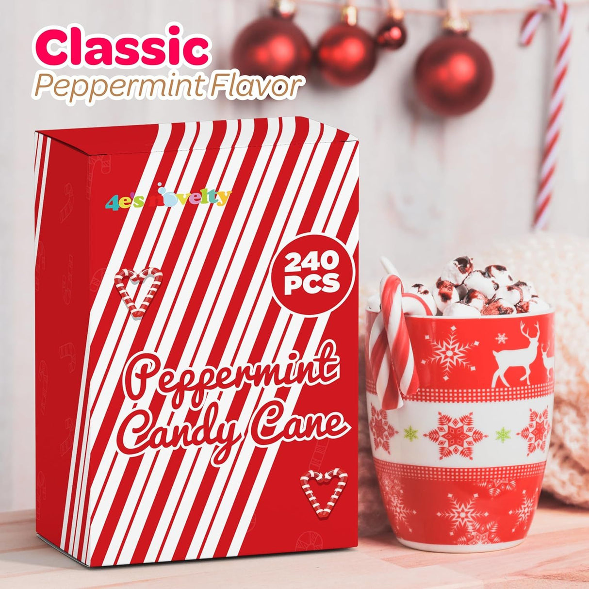 4E's Novelty 240 Pack Christmas Mini Individually Wrapped Candy Canes, Red and White Peppermint Candy Canes, Treats for Holiday Stockings