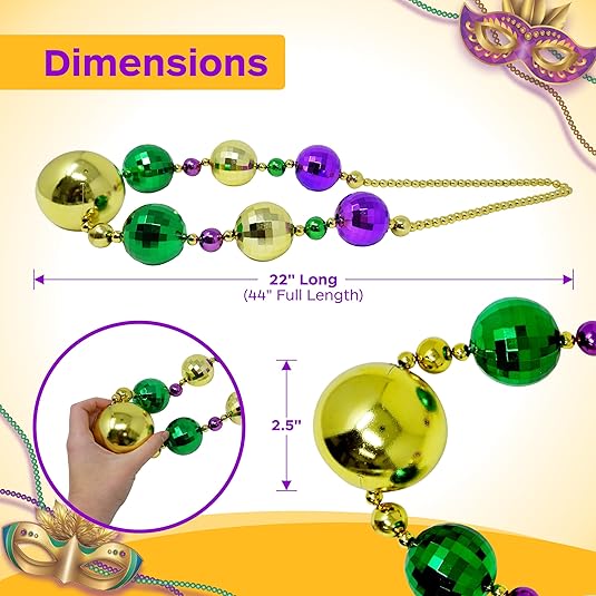 45E's Novelty 2 Pack Jumbo Mardi Gras Beads Necklace – 44" Giant Disco Ball Beads, Festive Colors for Party and Parade