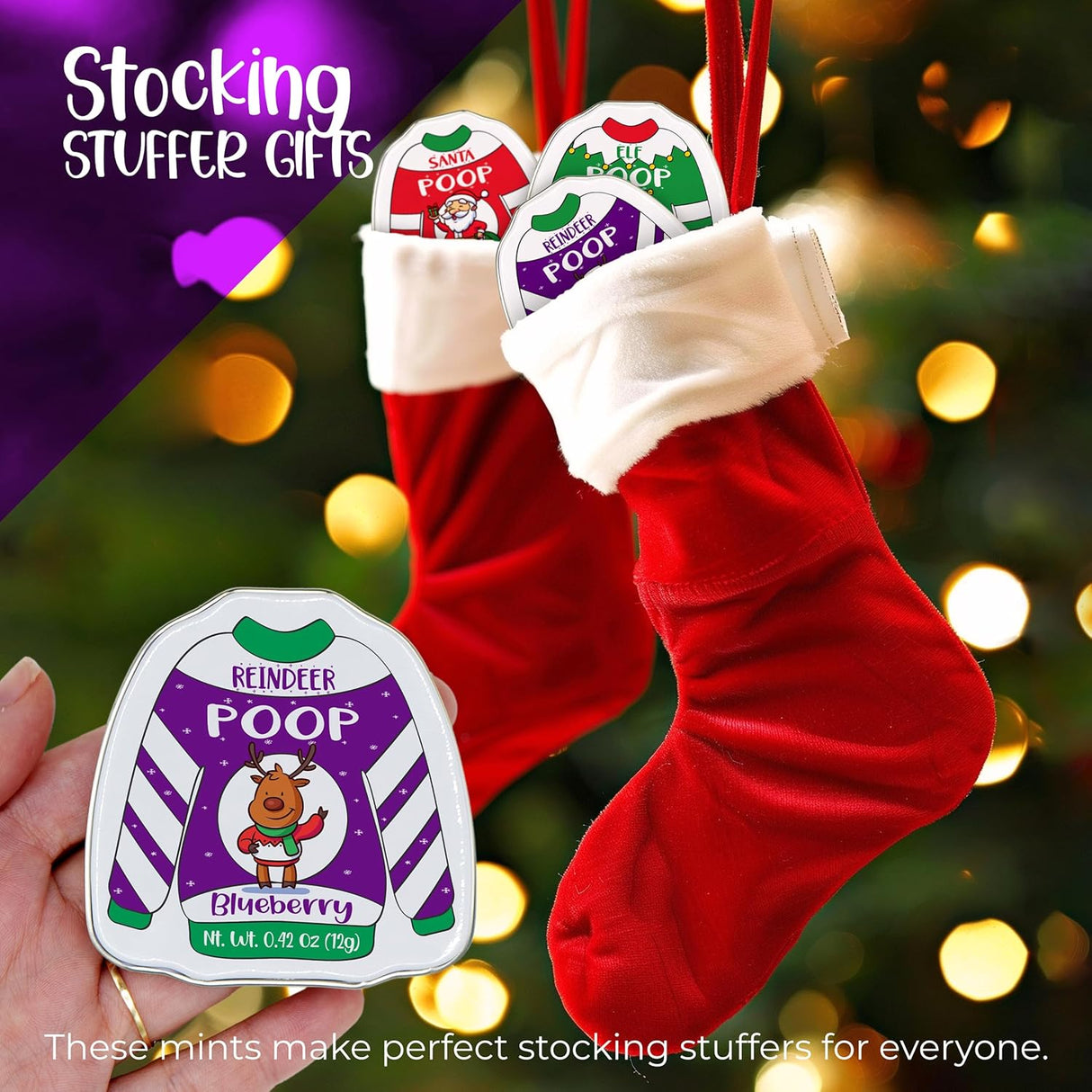 4E's Novelty Christmas Poop Mint Candy – Funny Stocking Stuffers in Ugly Sweater Tins (4 Pack)