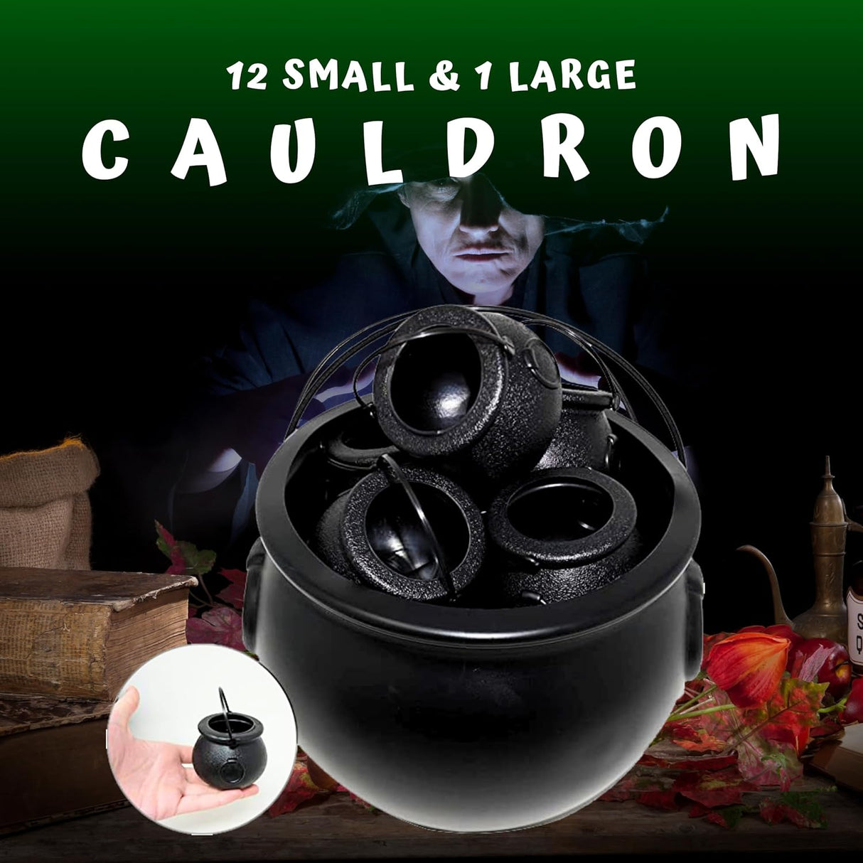 4E's Novelty Black Plastic Cauldrons Bulk - 12 Mini & 1 Large 7.4" Perfect Halloween Black Cauldron