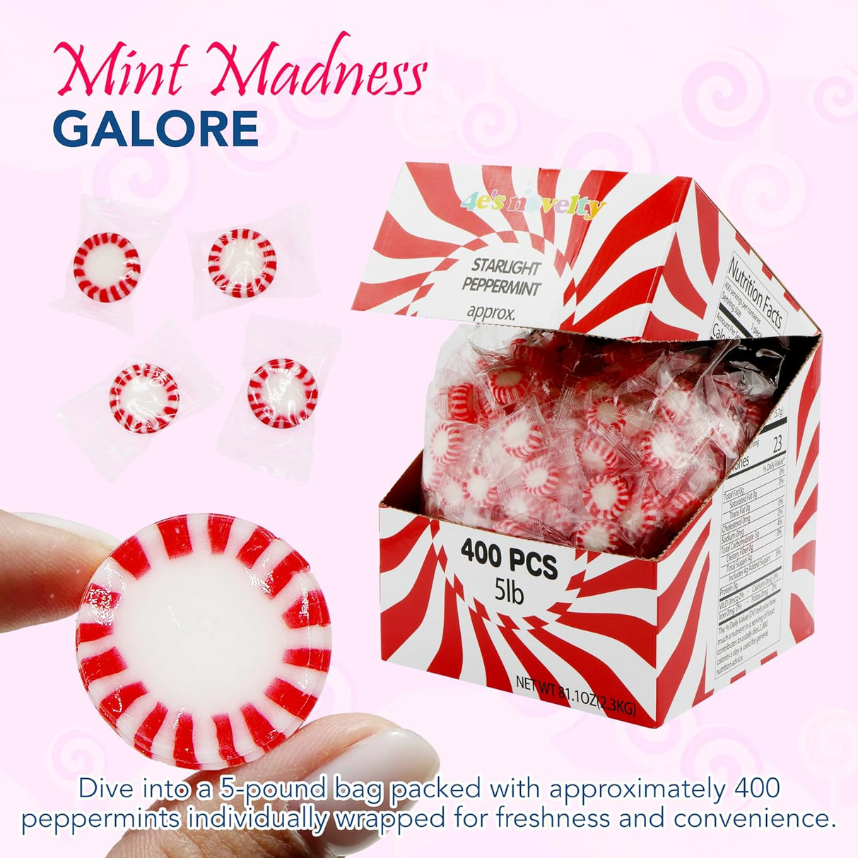 4E's Novelty 5 Lbs Individually Wrapped Peppermint Candy – Refreshing Holiday Mints Bulk