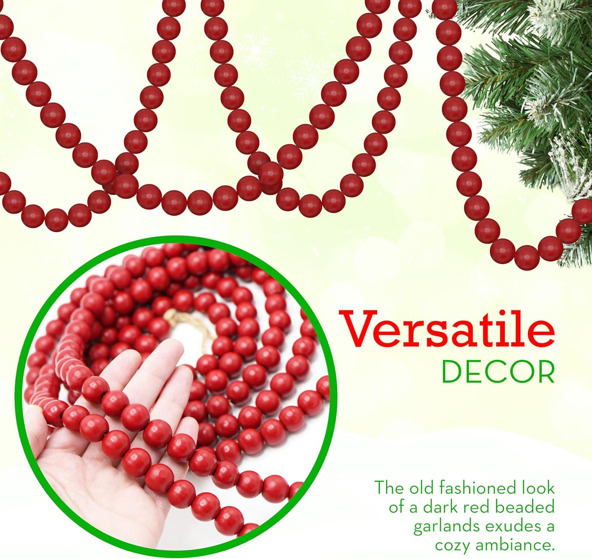 4E's Novelty 9-Foot Red Wooden Cranberry Garland – Rustic Wood Bead Garland for Cozy Christmas Tree Decor, Vintage Christmas Garland