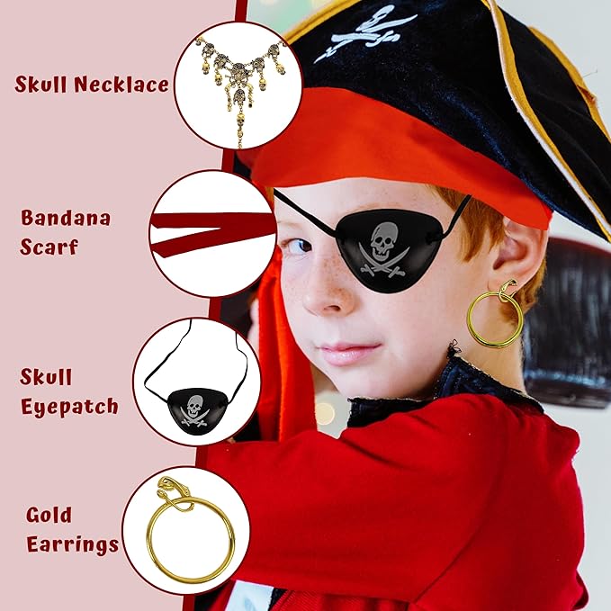 4E's Novelty Captain Pirate Costume Accessories 4Pcs Set Red Headband Bandana Head Scarf