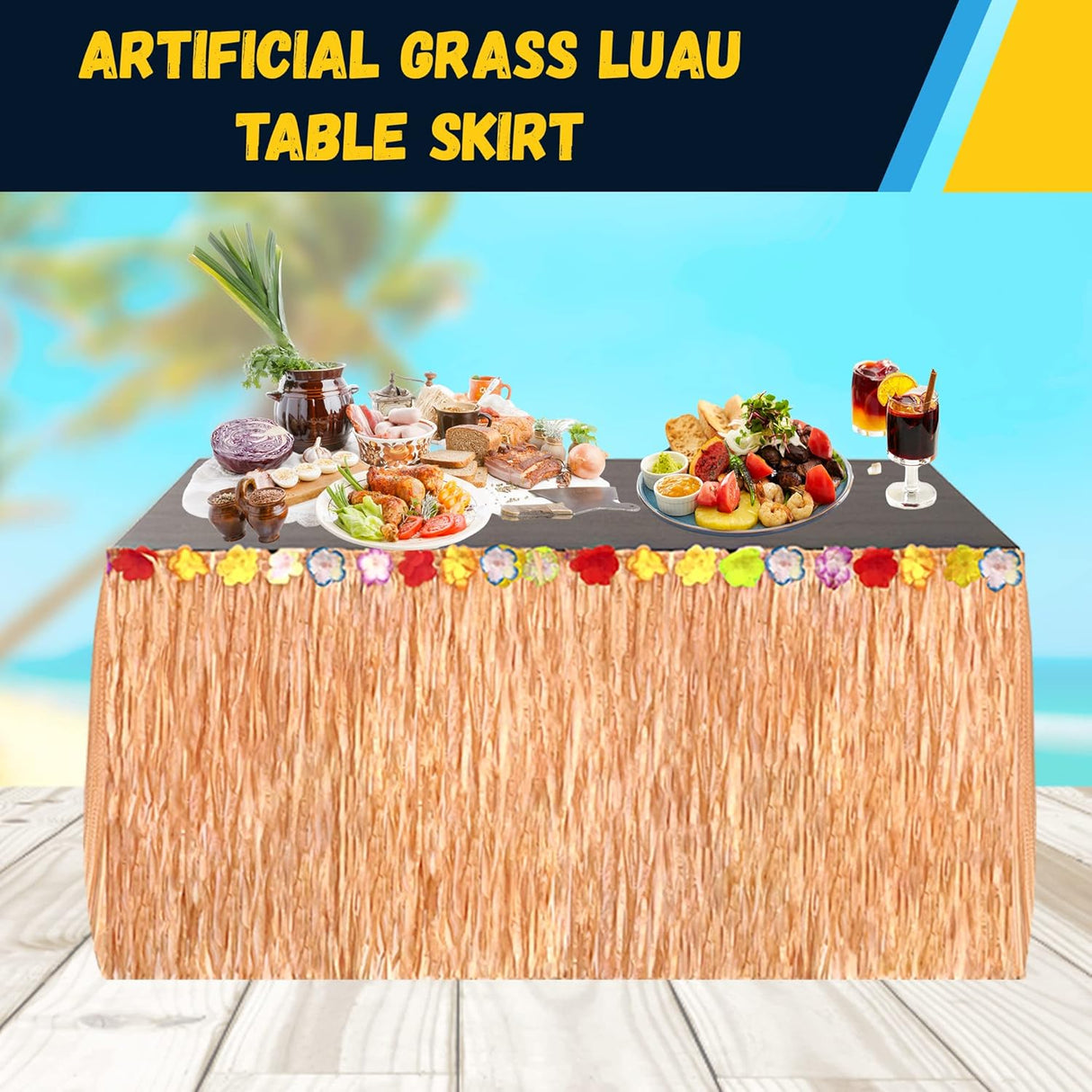 4E's Novelty 9ft Luau Grass Table Skirt, 2 Pack – Hawaiian Party Decor & Moana Birthday Must-Have