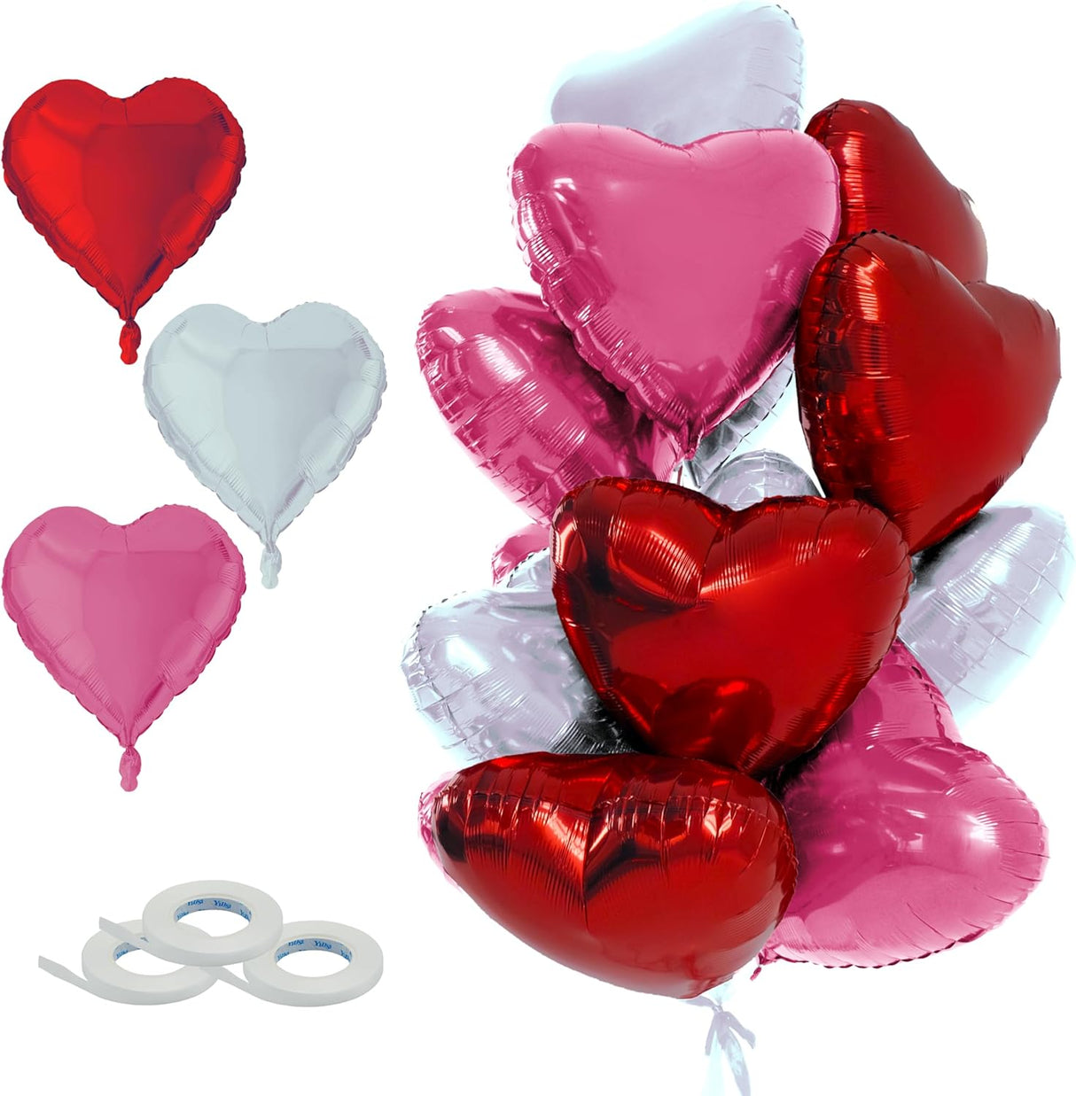 4E's Novelty 15-Pack 18” Heart Foil Balloons – Red, Pink, White Balloons for Parties & Weddings