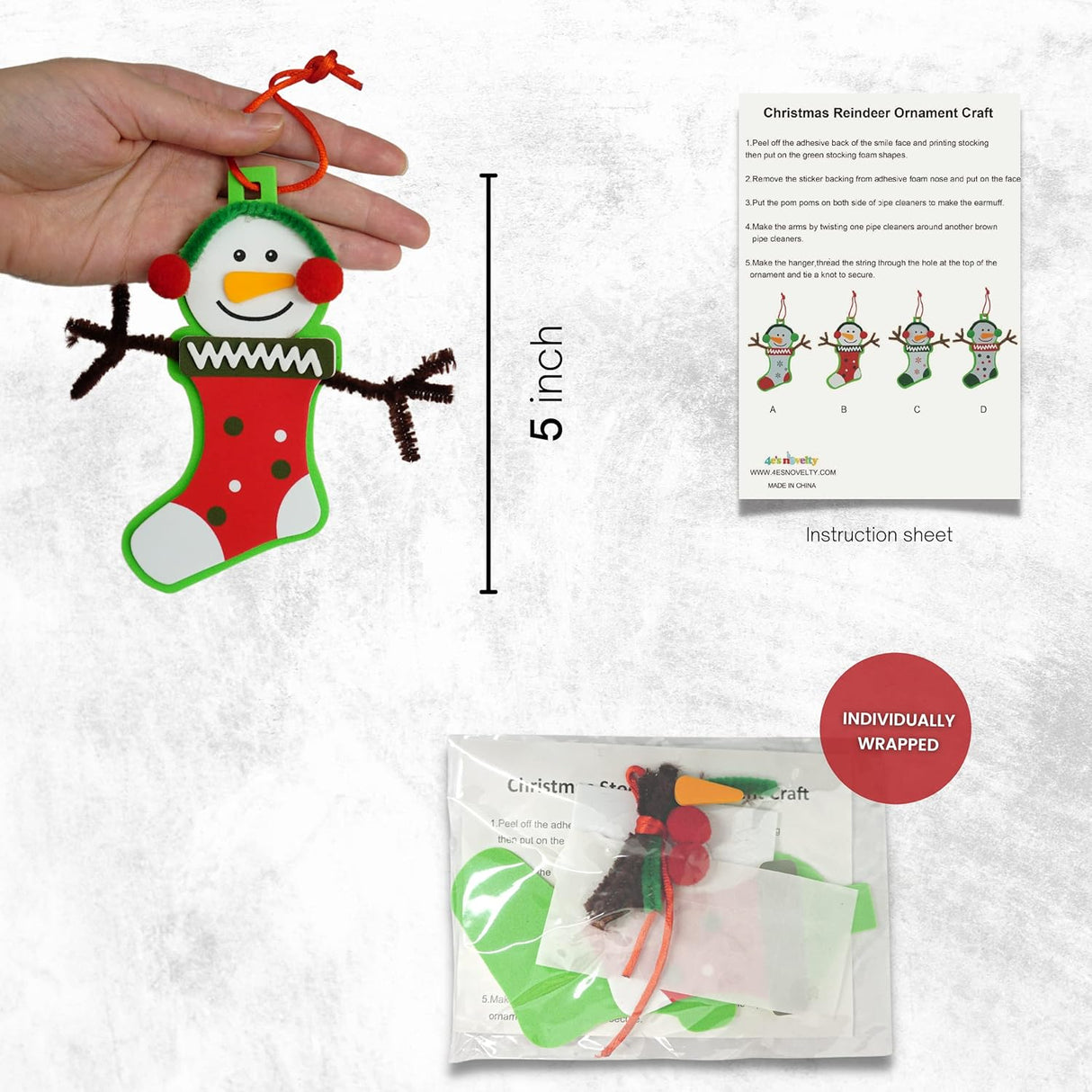 4E's Novelty Foam Christmas Snowman Stocking Ornament Craft (12 Pack) - Christmas Crafts for Kids, DIY Stocking Ornament Making Kit for Toddlers
