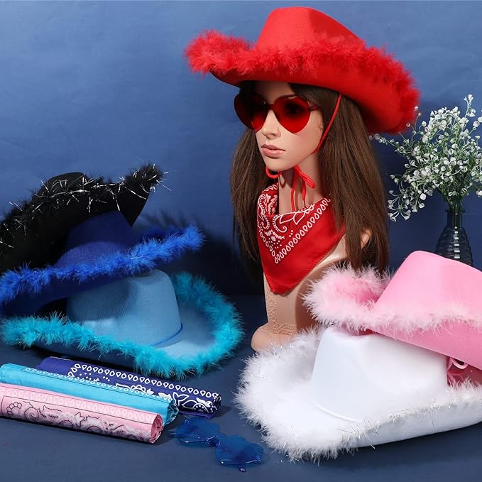 Cowgirl Hat with Feathers & Heart Sunglasses - Felt, Women's Costume