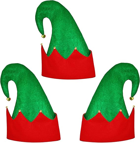4E's Novelty Christmas Elf Hats for Kids & Adults (3 Pack) – Felt Santa Helper Hats with Jingle Bells – Holiday Party Costume Accessories