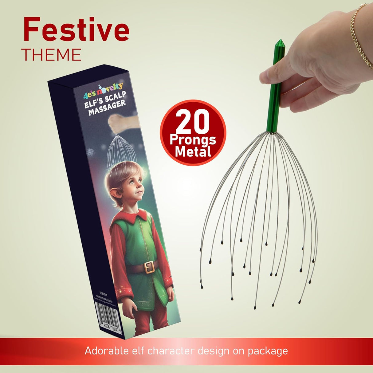 4E's Novelty Elf’s Scalp Massager – Christmas Gift for Relaxation, Stress Relief, and Hair Growth – Fun Head Scratch Tool for Women, Men, and Teens