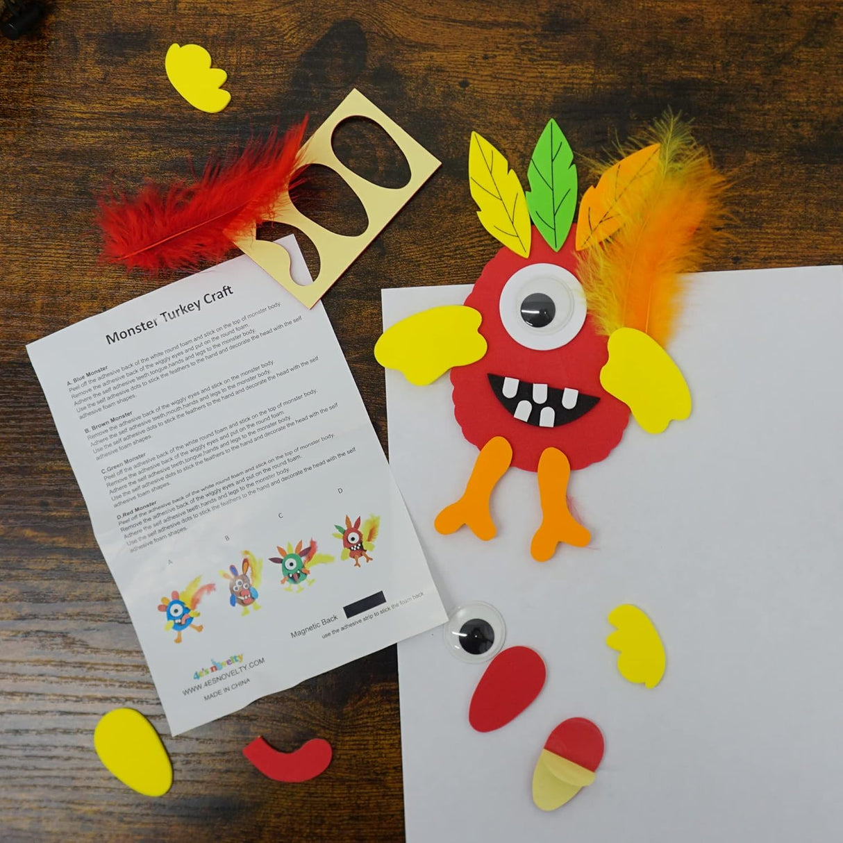 4E's Novelty 12-Pack Monster Turkey Crafts for Kids – Fun Thanksgiving Activity Kit for Ages 4-12