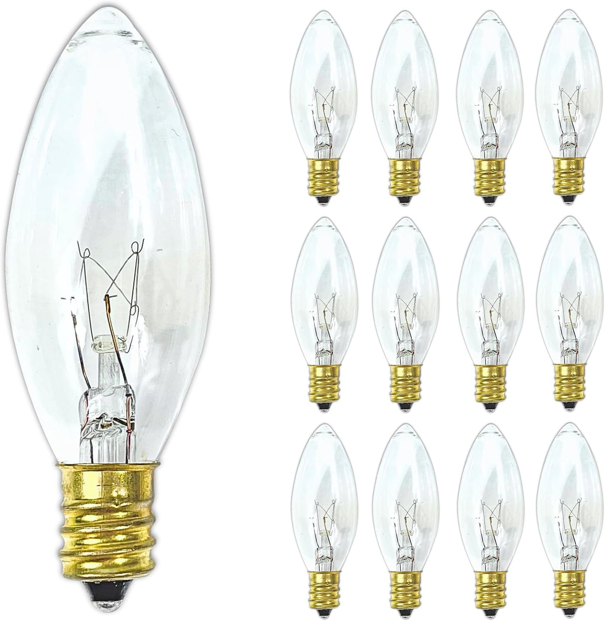 4E's Novelty 12 Pack Replacement Light Bulbs E12 120V 7W - Clear Torpedo Tip for C7 & Candelabra Light Bulbs