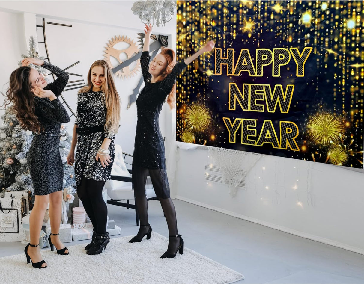 4E's Novelty 72"x44" Happy New Year Banner 2025 - Indoor/Outdoor NYE Backdrop for Party Decorations