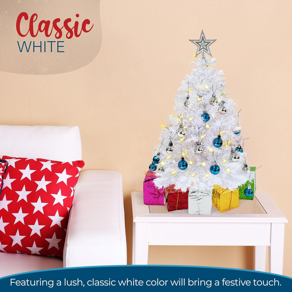 4E's Novelty 23" Pre-Lit White Christmas Tree with Star Topper – Mini Tabletop Tree with Ornaments & Lights