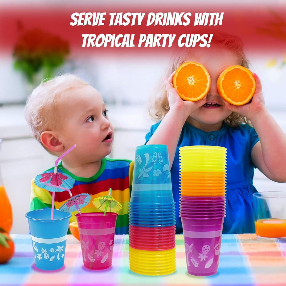 4E's Novelty 48-Pack Tropical Party Cups with Parasol Straws – Vibrant Hawaiian Luau Drinkware Set