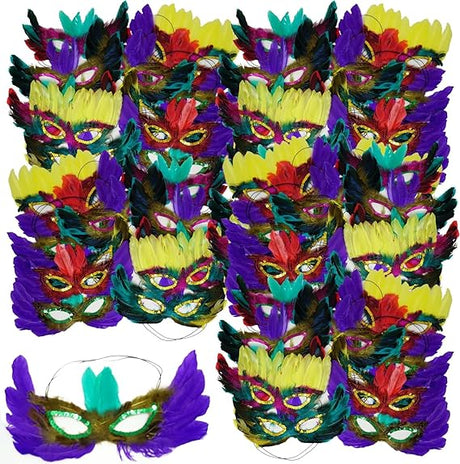 4E's Novelty Bulk Mardi Gras Feather Masks – 12 Pack Masquerade Party Accessories for Adults