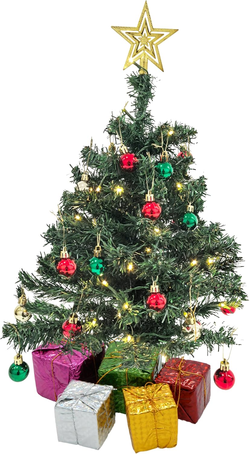4E's Novelty 23" Pre-Lit Mini Christmas Tree with Star Topper – Desk Tabletop Holiday Decor with Colorful Ornaments and Gift Boxes