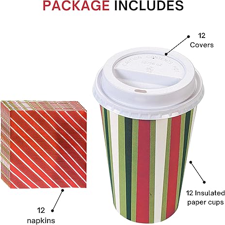 4E's Novelty Christmas Paper Cups Disposable 16 oz With Lids & Napkins (12 Packs) for Christmas Hot Cocoa Party Supplies, Hot Chocolate Bar