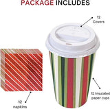 4E's Novelty Christmas Paper Cups Disposable 16 oz With Lids & Napkins (12 Packs) for Christmas Hot Cocoa Party Supplies, Hot Chocolate Bar